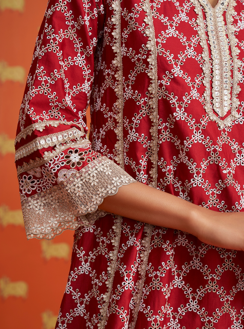 Calita Pima Satin Red Kurta Set