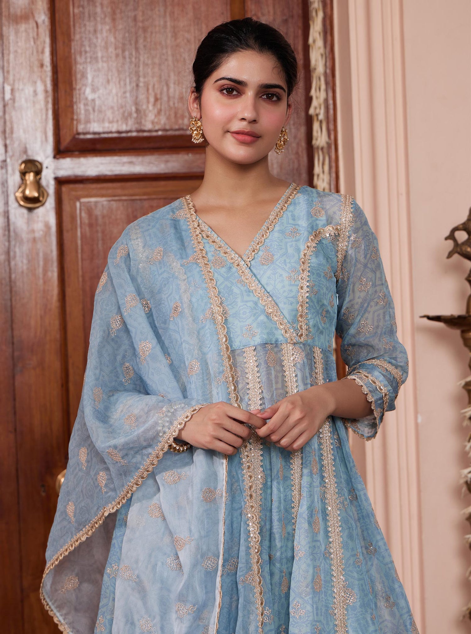 Mulmul Organza Vamsi Anarkali Blue Kurta with Mulmul Pima Vamsi Blue P