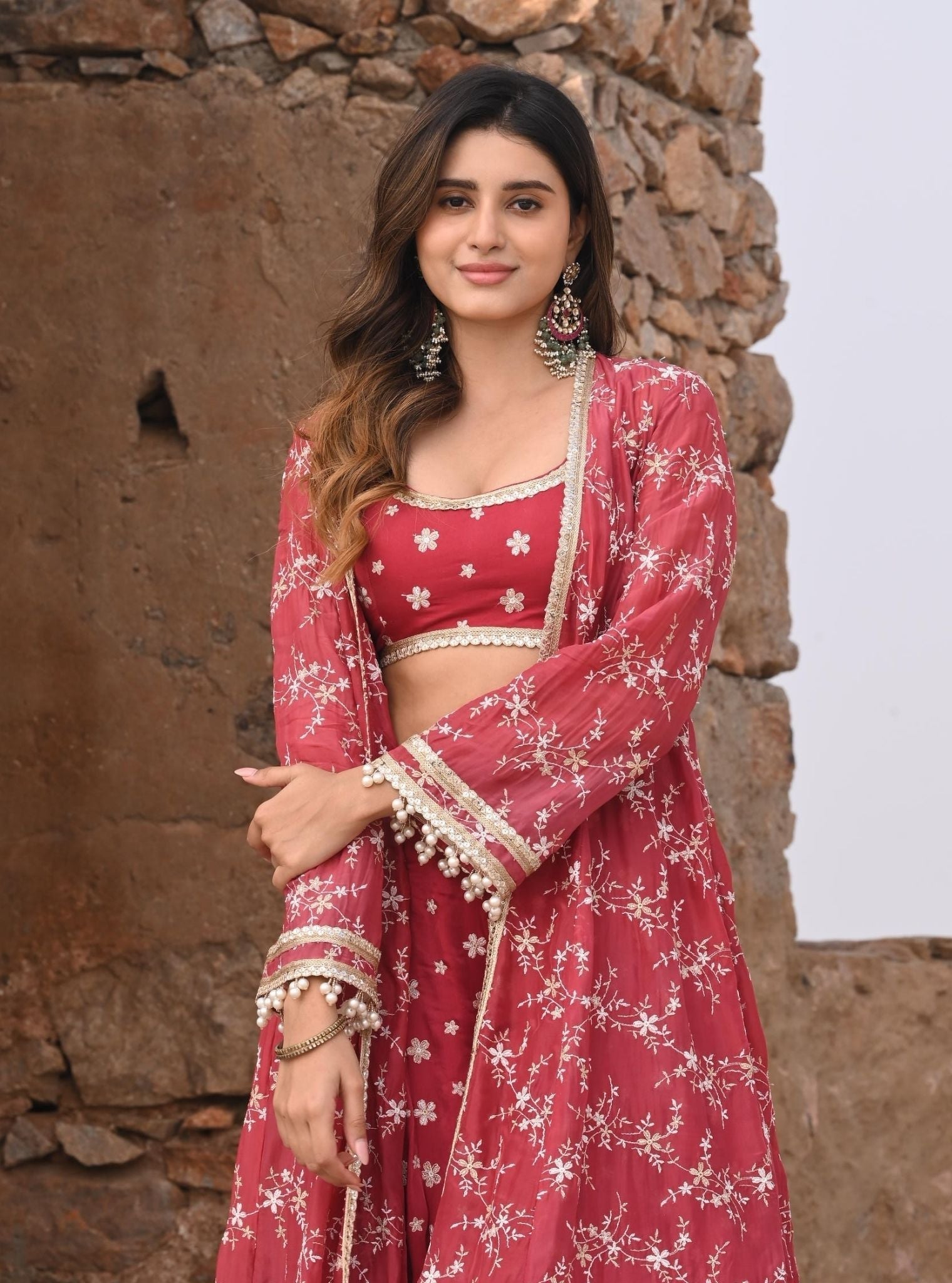 Nazm Luxe Silk Red Jacket with Sharara Set