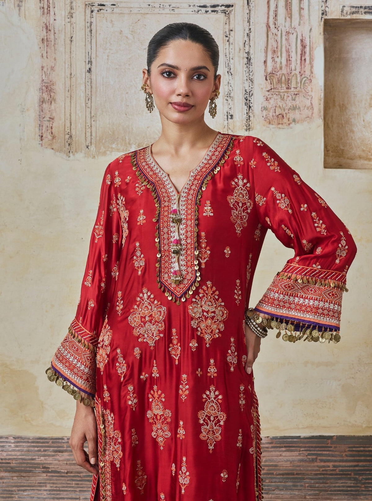 Koyal Cupro Satin Red Kaftan Set
