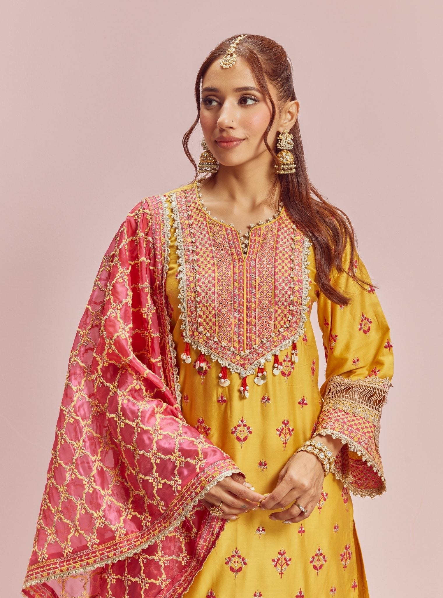 Mulmul Pima Satin Shagun Yellow Kurta With Mulmul Pima Satin Shagun Yellow Pant