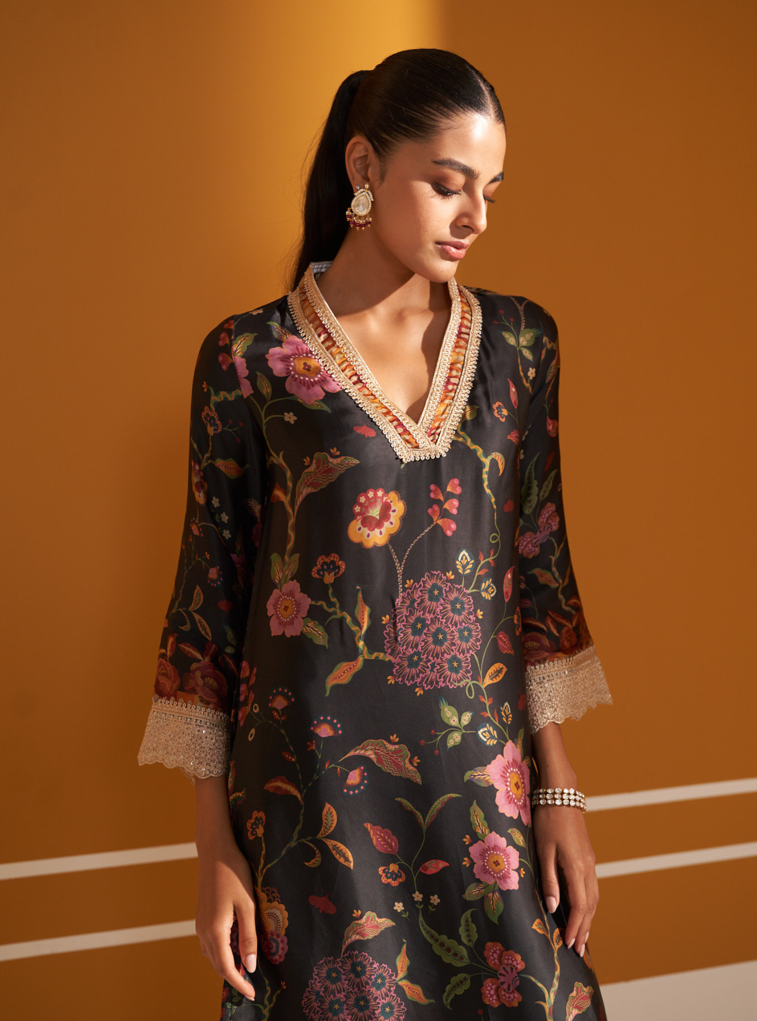 Mulmul Cupro Satin Printed Diantha Black Kurta With Mulmul Cupro Satin Printed Diantha Black Pant