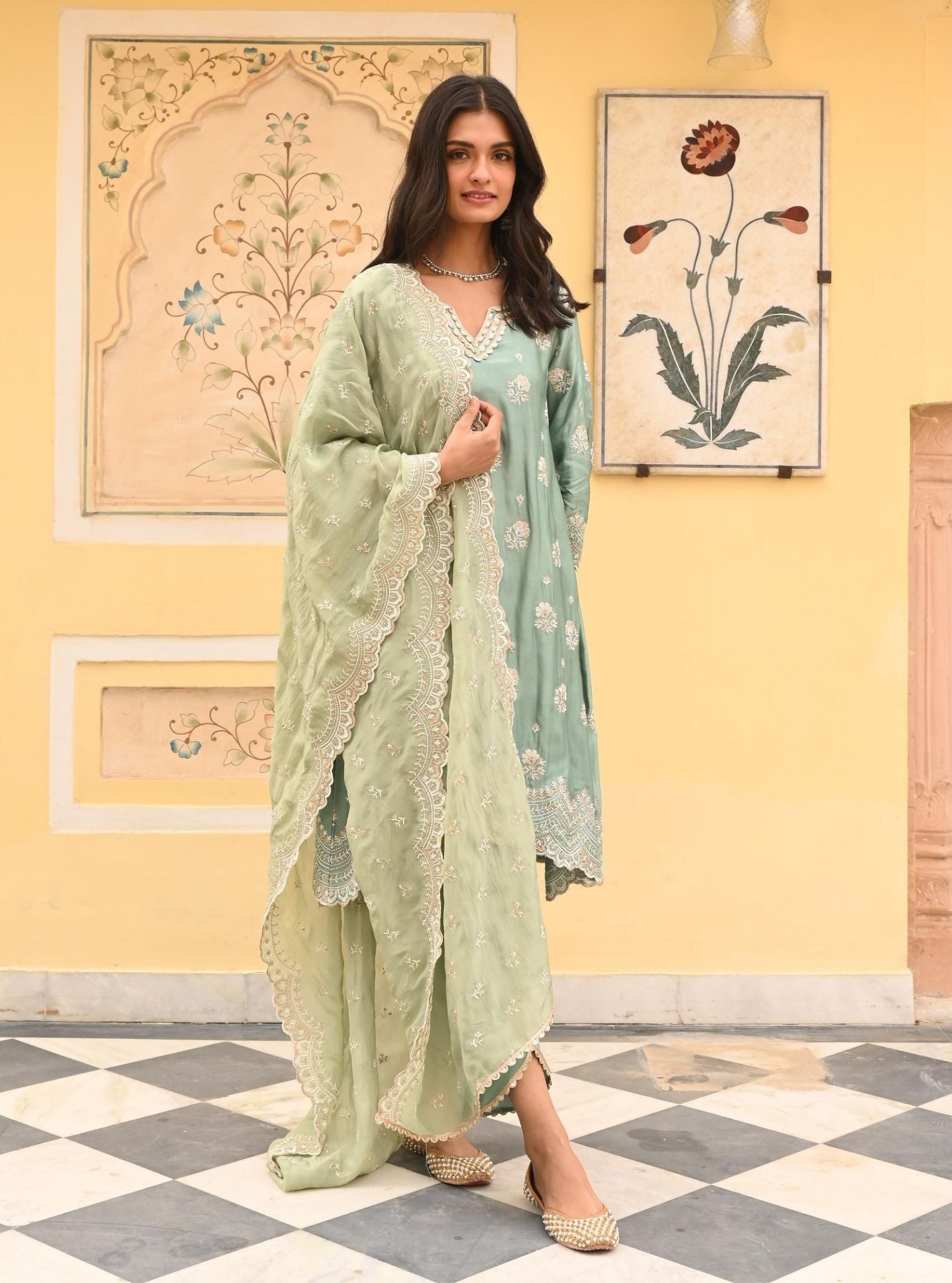 Mulmul Luxe Satin Mehar Teal Blue Kurta with Mulmul Luxe Satin Mehar Teal Blue Pant