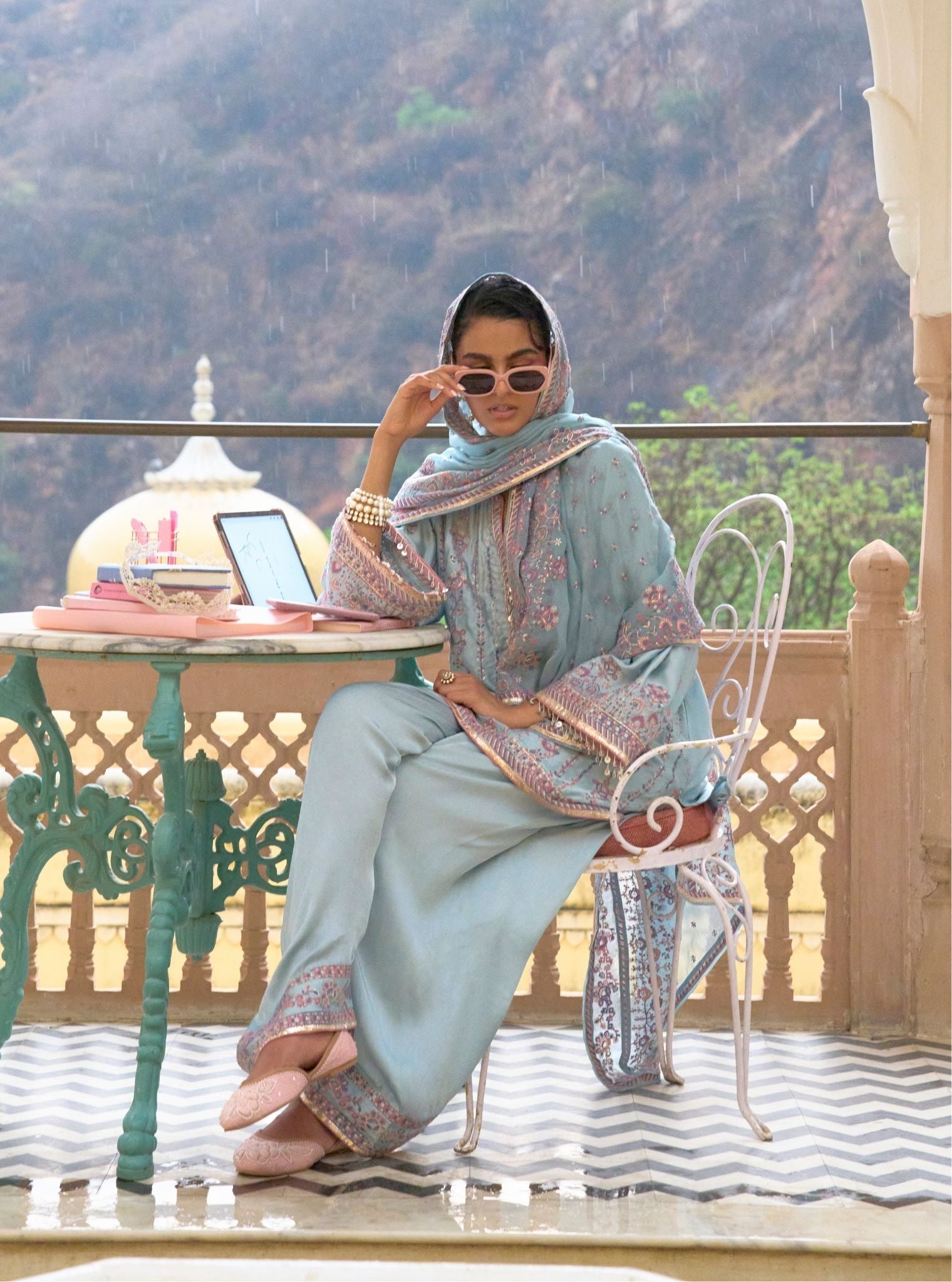 Mulmul Organza Pralika Blue Dupatta