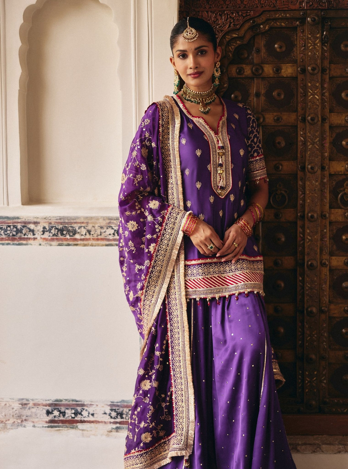 Talai Cupro Satin Purple Short Kurta with Lehenga
