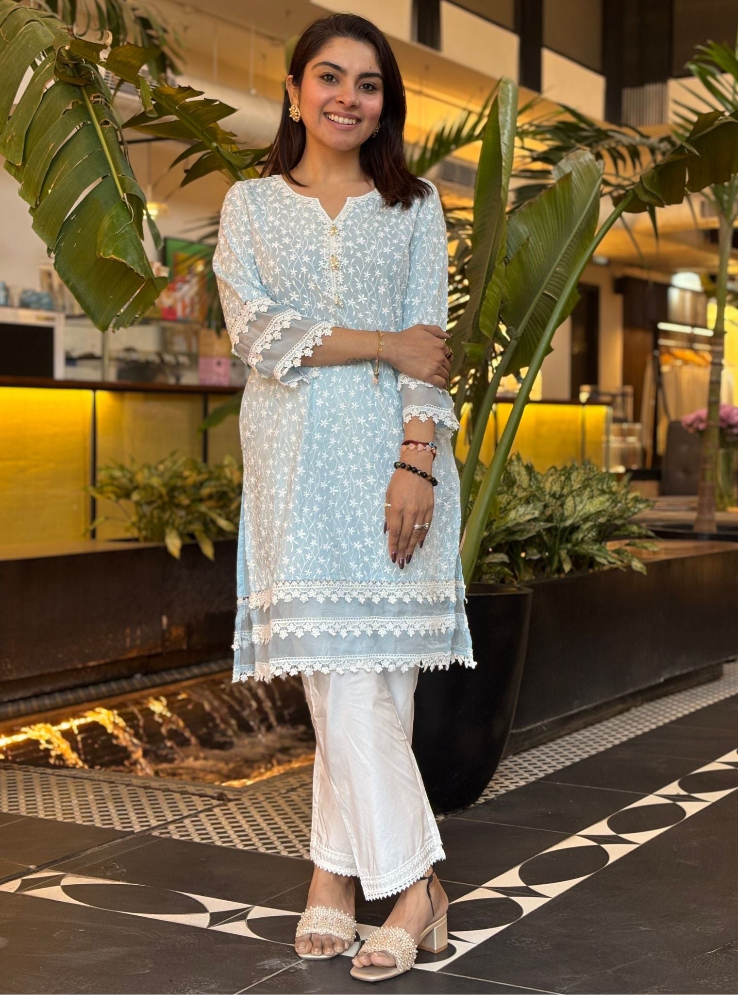 Mulmul Cotton Rosine Light Blue Kurta With Mulmul Cotton Dinaz White Pant