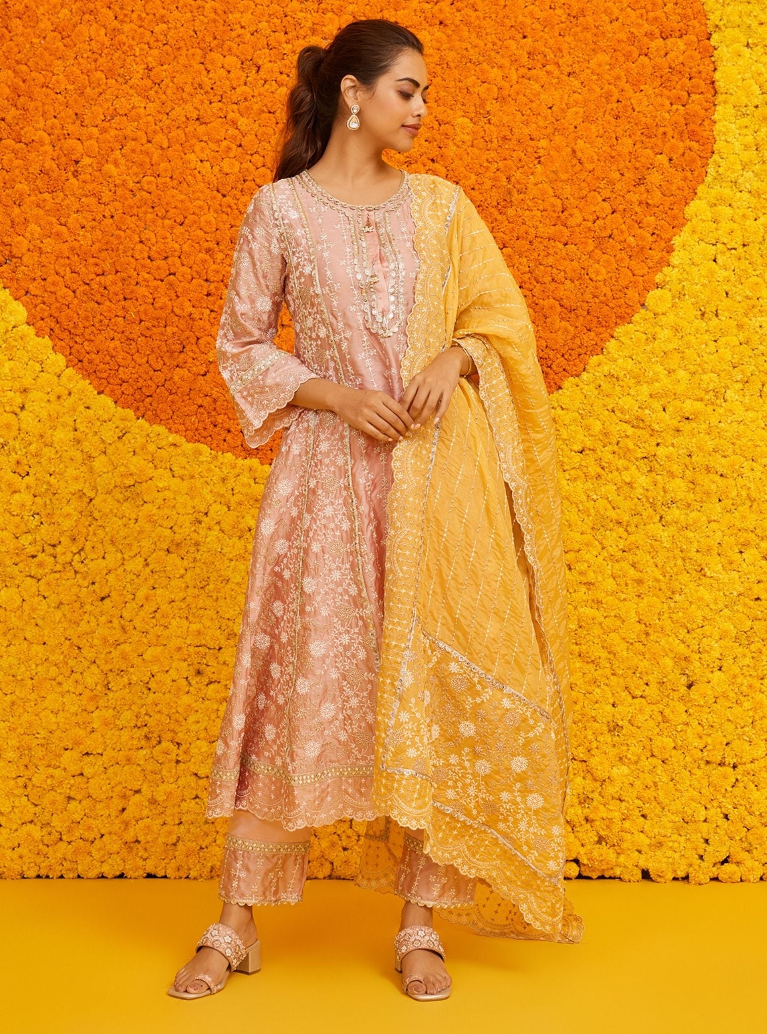 Mulmul Organza Satin Saathiya Pink Kurta With Mulmul Pima Satin Saathiya Pink Pant