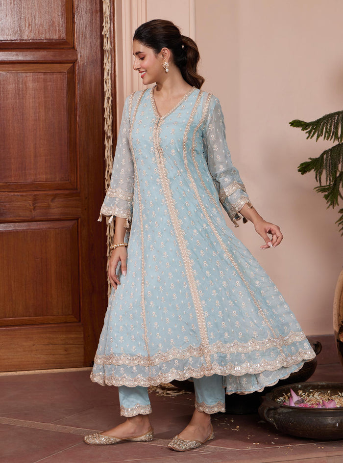 MULMUL NEO BLUE ANARKALI KURTA-PANT-JACKET & DUPATTA SET