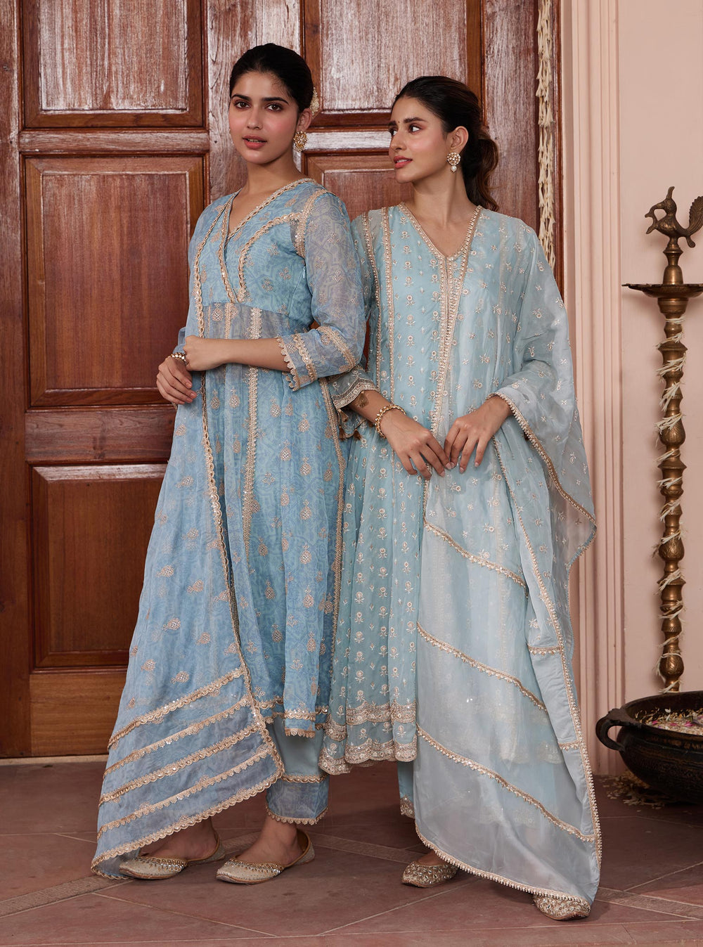 Rupa Organza Blue Anarkali Kurta with Pima Satin Blue Pant Set