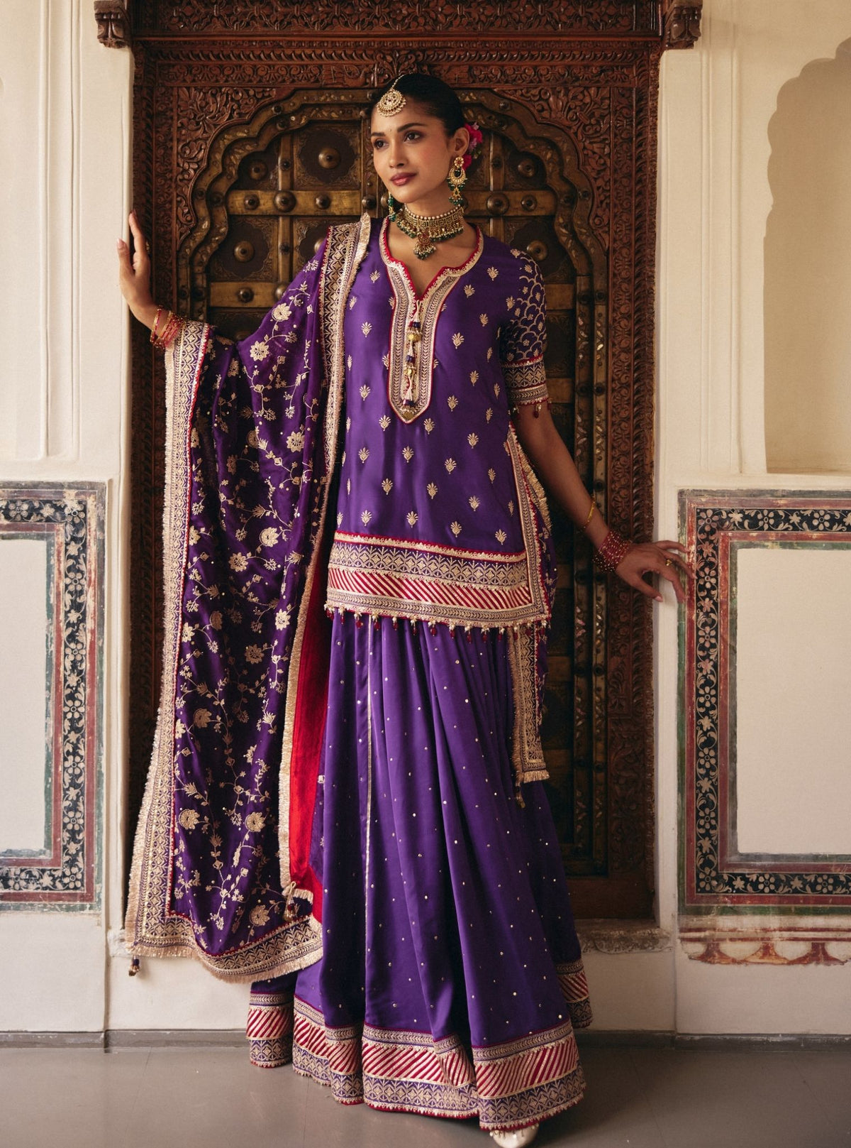 Talai Cupro Satin Purple Short Kurta with Lehenga