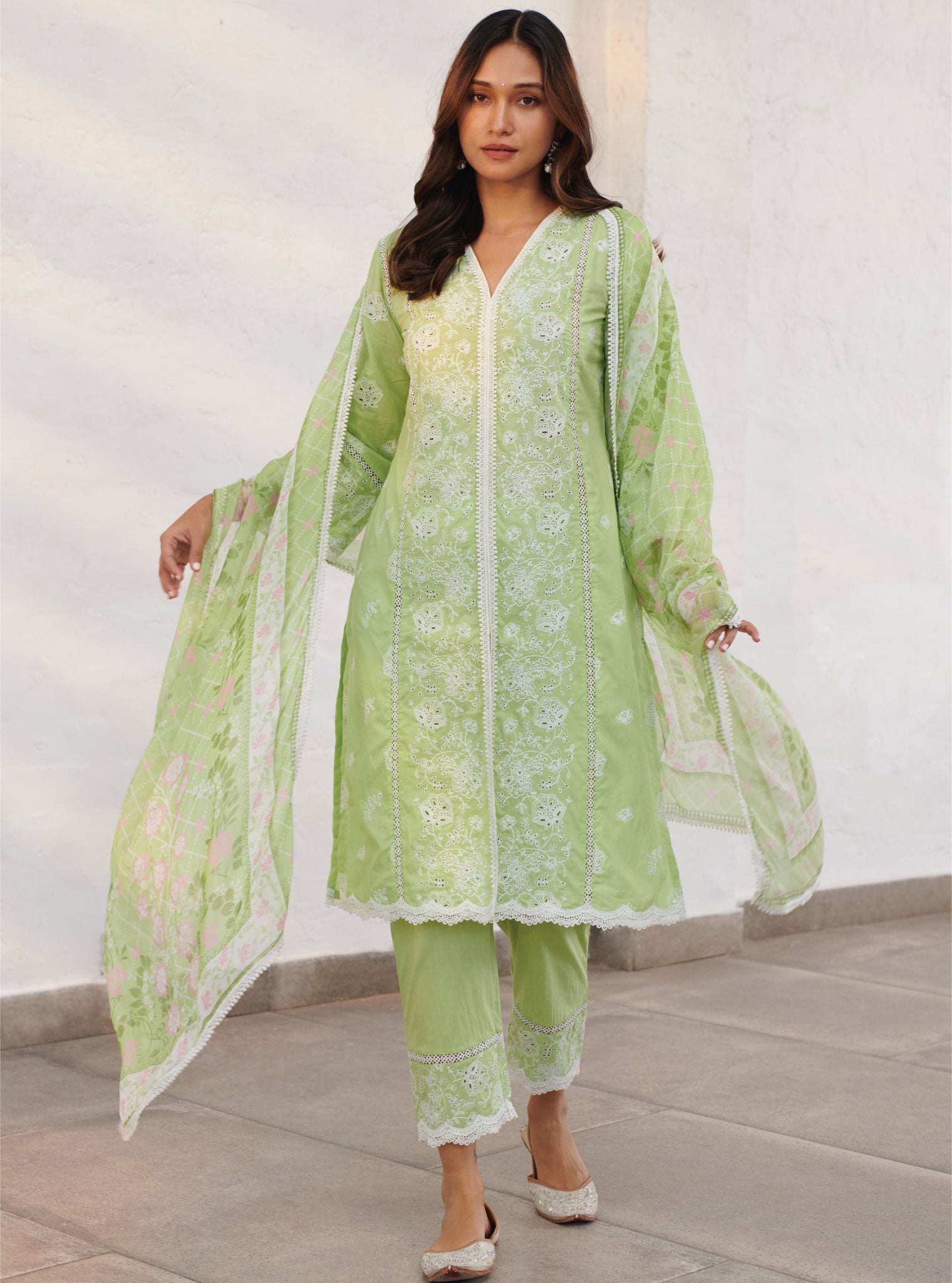 Mulmul Organza Printed Wales Green Dupatta