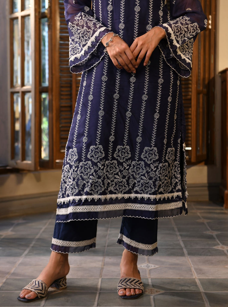 Mulmul Blossom Navy Kurta