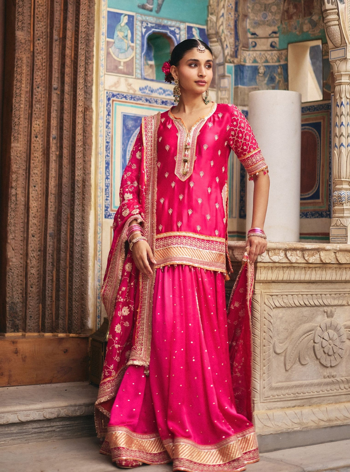 Talai Cupro Satin Fuchsia Short Kurta with Lehenga