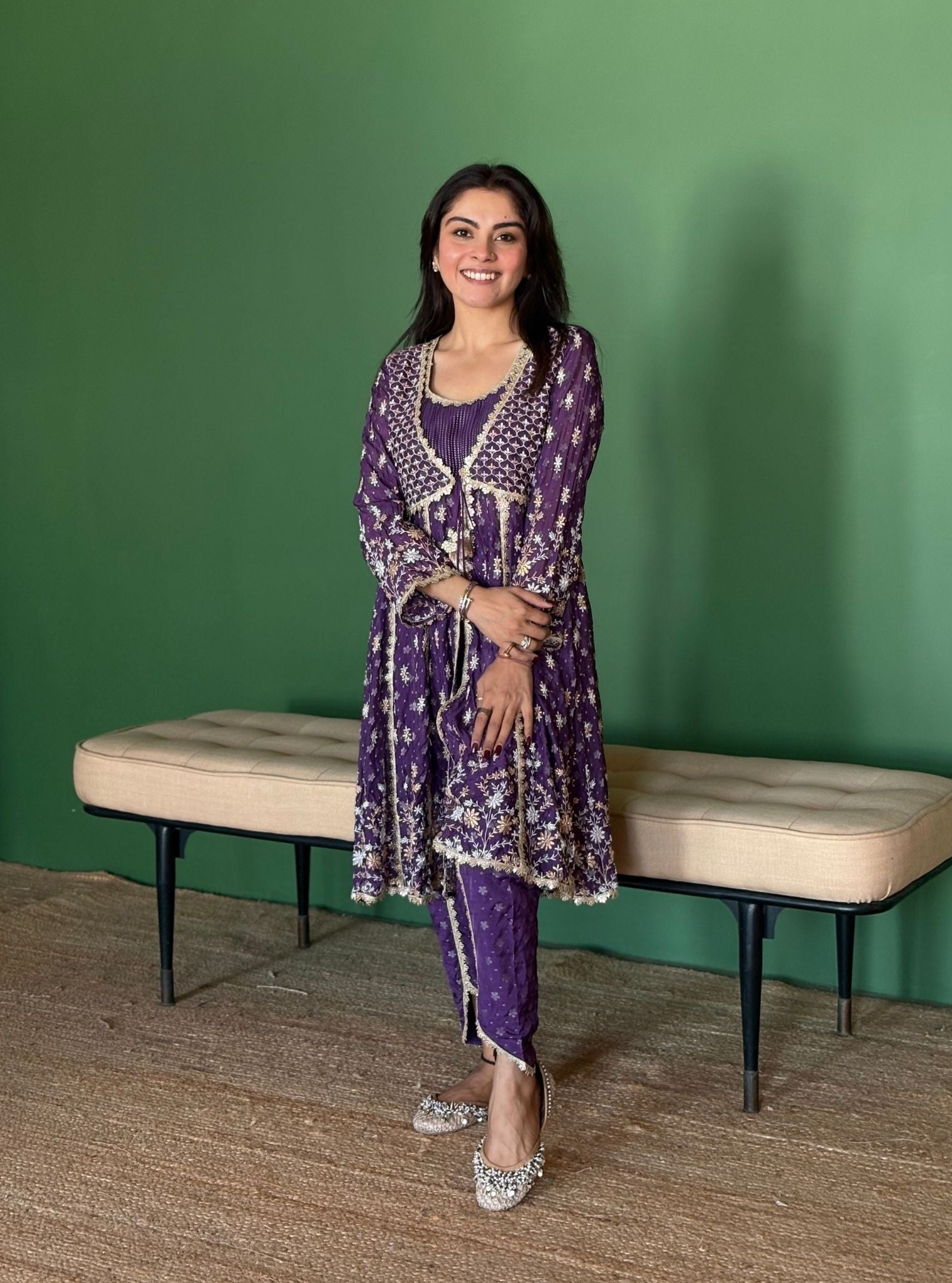 Robe De Mariage Femme Anarkali Violet Longue Brodée Kurta Pant Avec