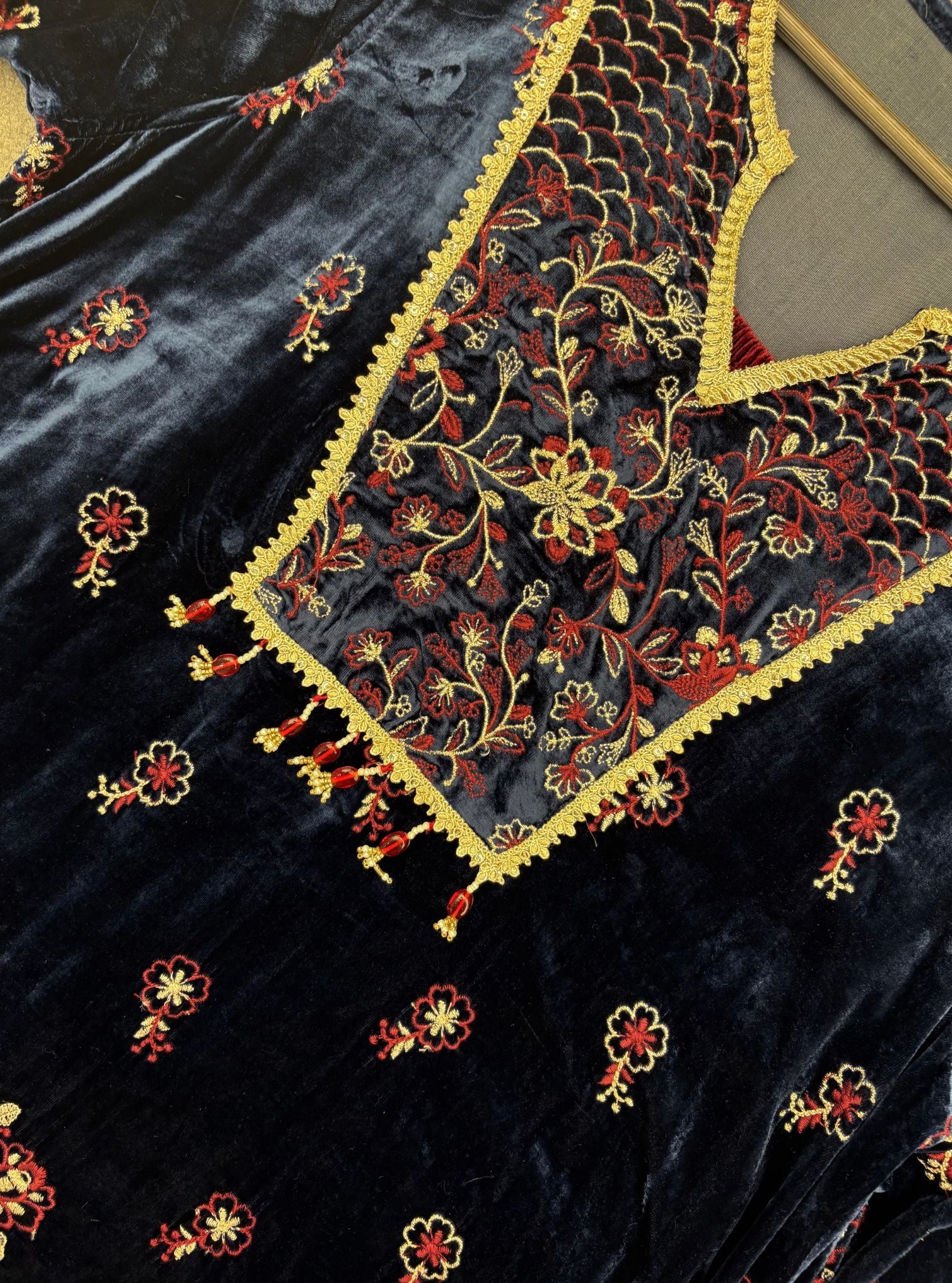 Dhun Velvet Navy Kurta with Wine Pant Set