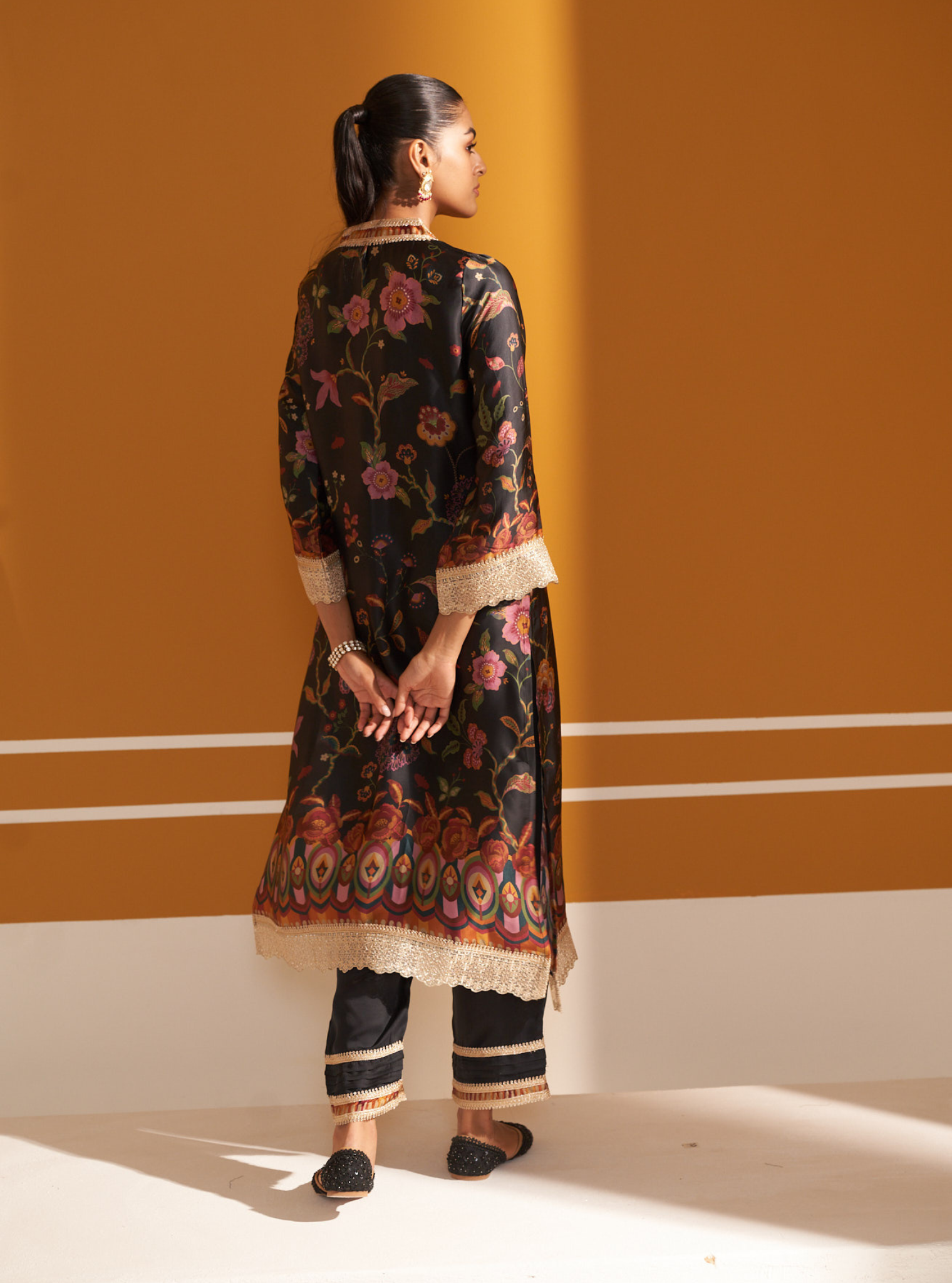 Mulmul Cupro Satin Printed Diantha Black Kurta With Mulmul Cupro Satin Printed Diantha Black Pant