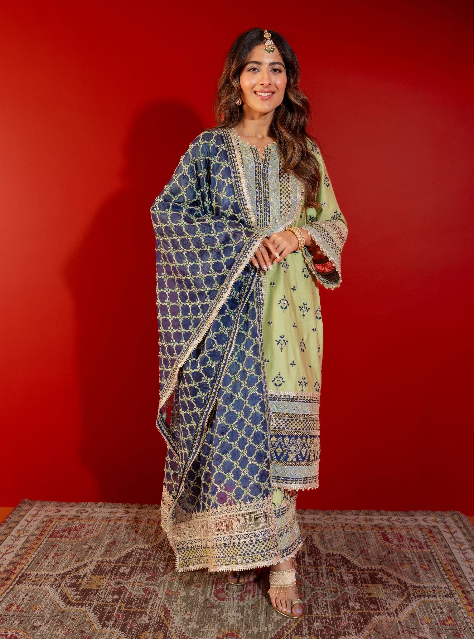 Mulmul Pima Satin Shagun Green Kurta With Mulmul Pima Satin Shagun Green Pant