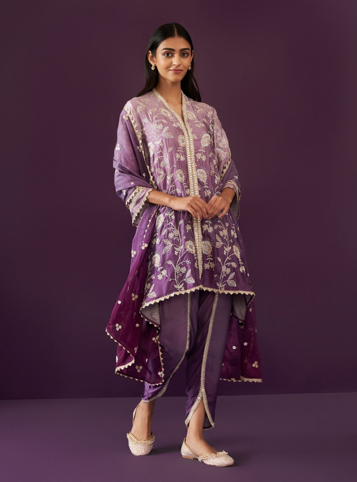 Mulmul Ombre Cupro Satin Evanthe Purple Kurta With Mulmul Ombre Cupro Satin Evanthe Purple Dhoti Pant