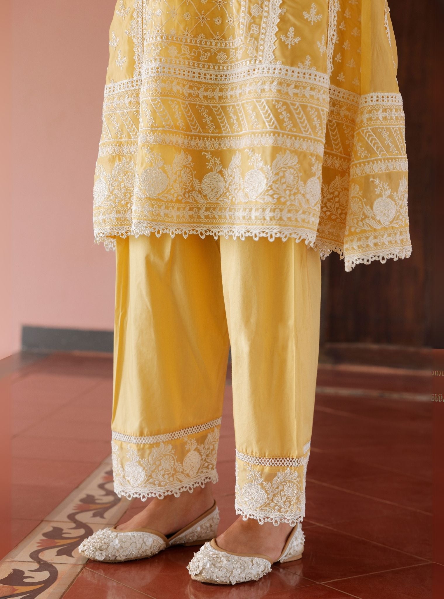 Mulmul Organza Sritha Yellow Kurta With Mulmul Cotton Sritha Yellow Pant