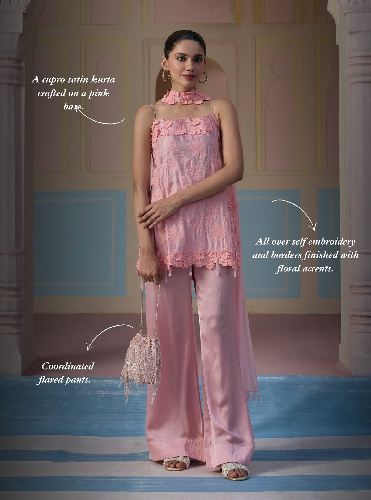 Jheel Cupro Satin Pink Co-ord Set with Scarf