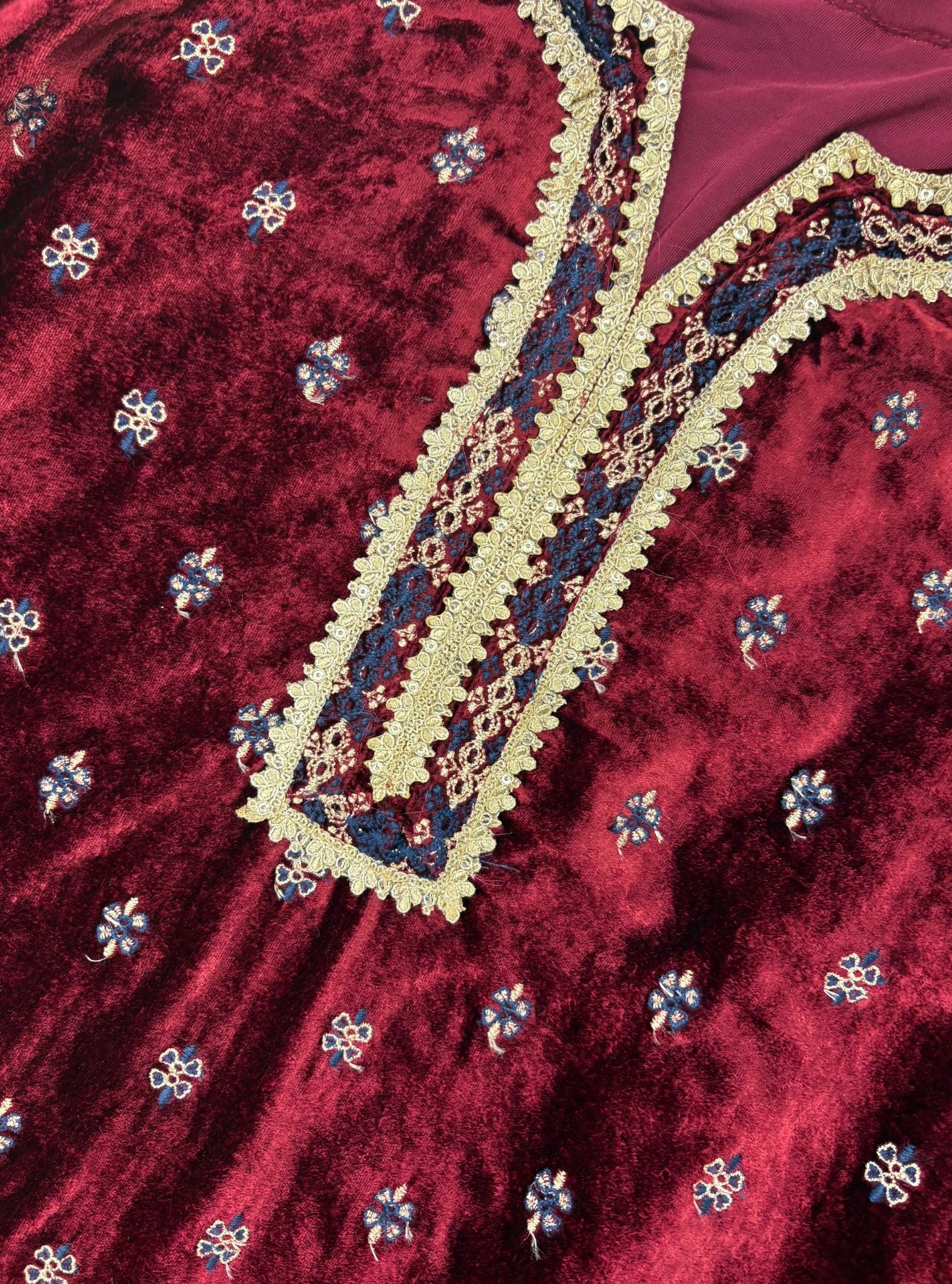 Tami Velvet Wine Kurta with Navy Pant Set