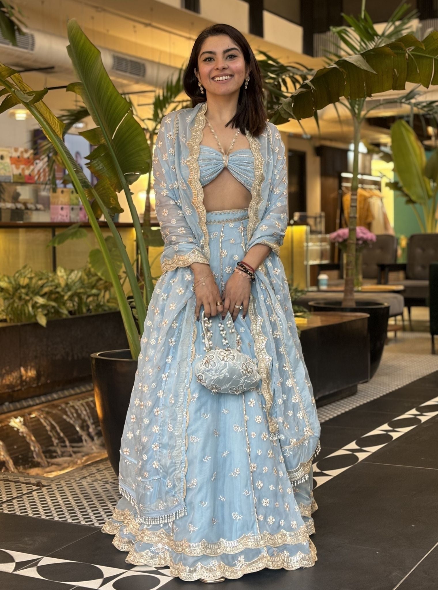 Mulmul Organza Paola Light Blue Lehenga