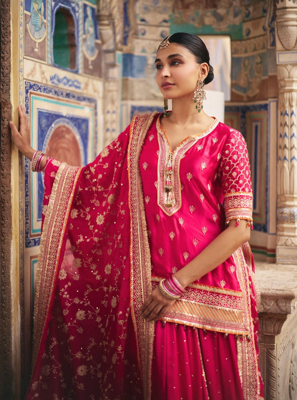 Talai Cupro Satin Fuchsia Short Kurta with Lehenga