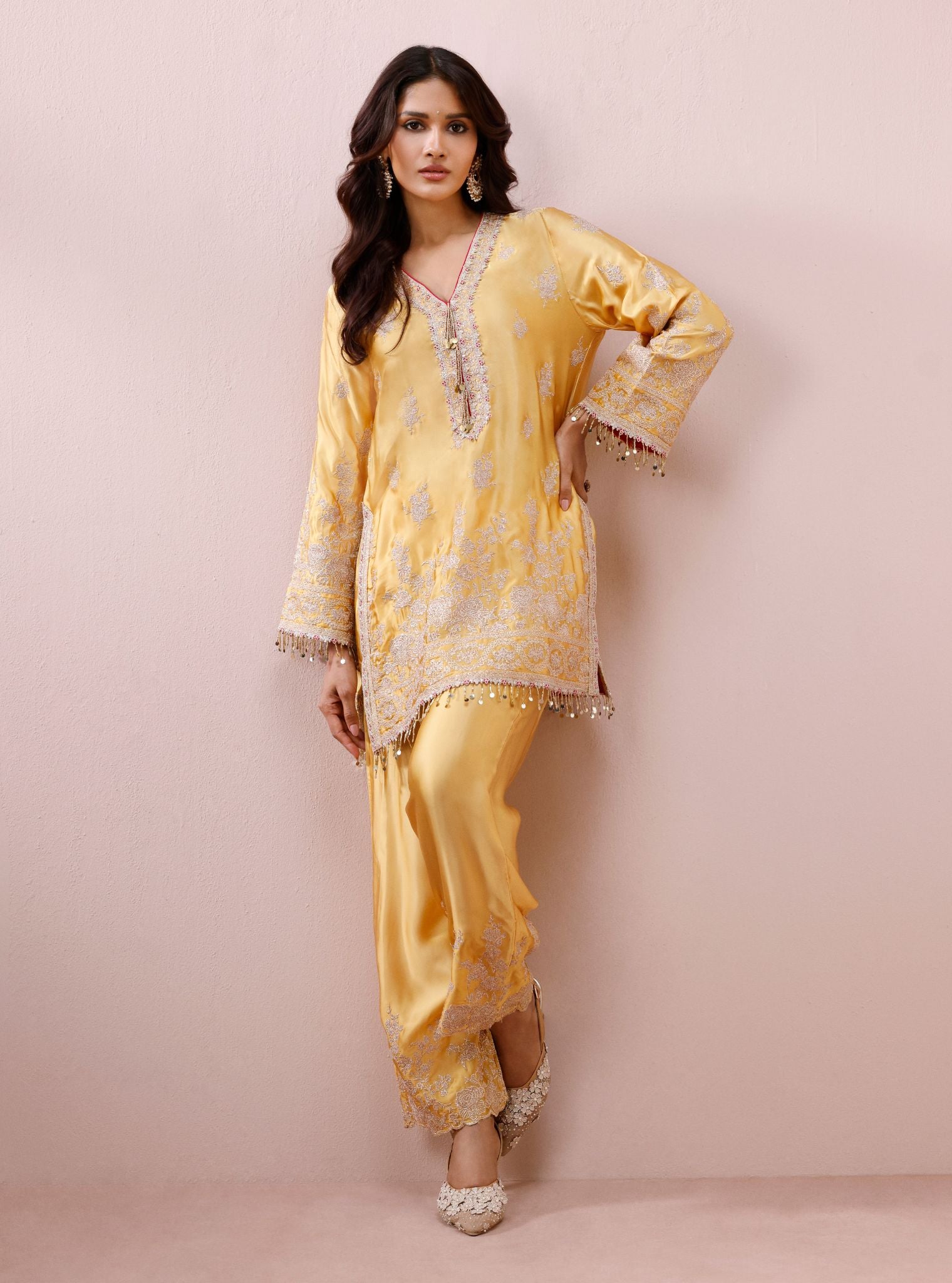 Saaj Cupro Satin Yellow Kurta Set