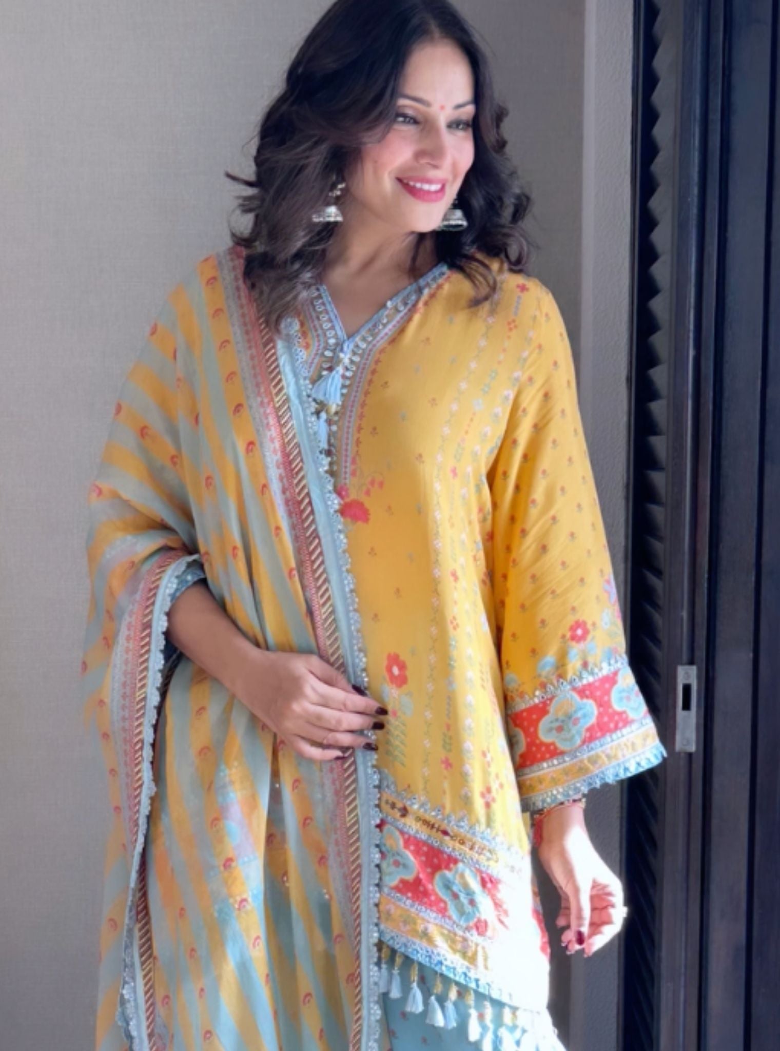 Zariya Lawn Printed Yellow & Teal Kurta with Farshi Salwar
