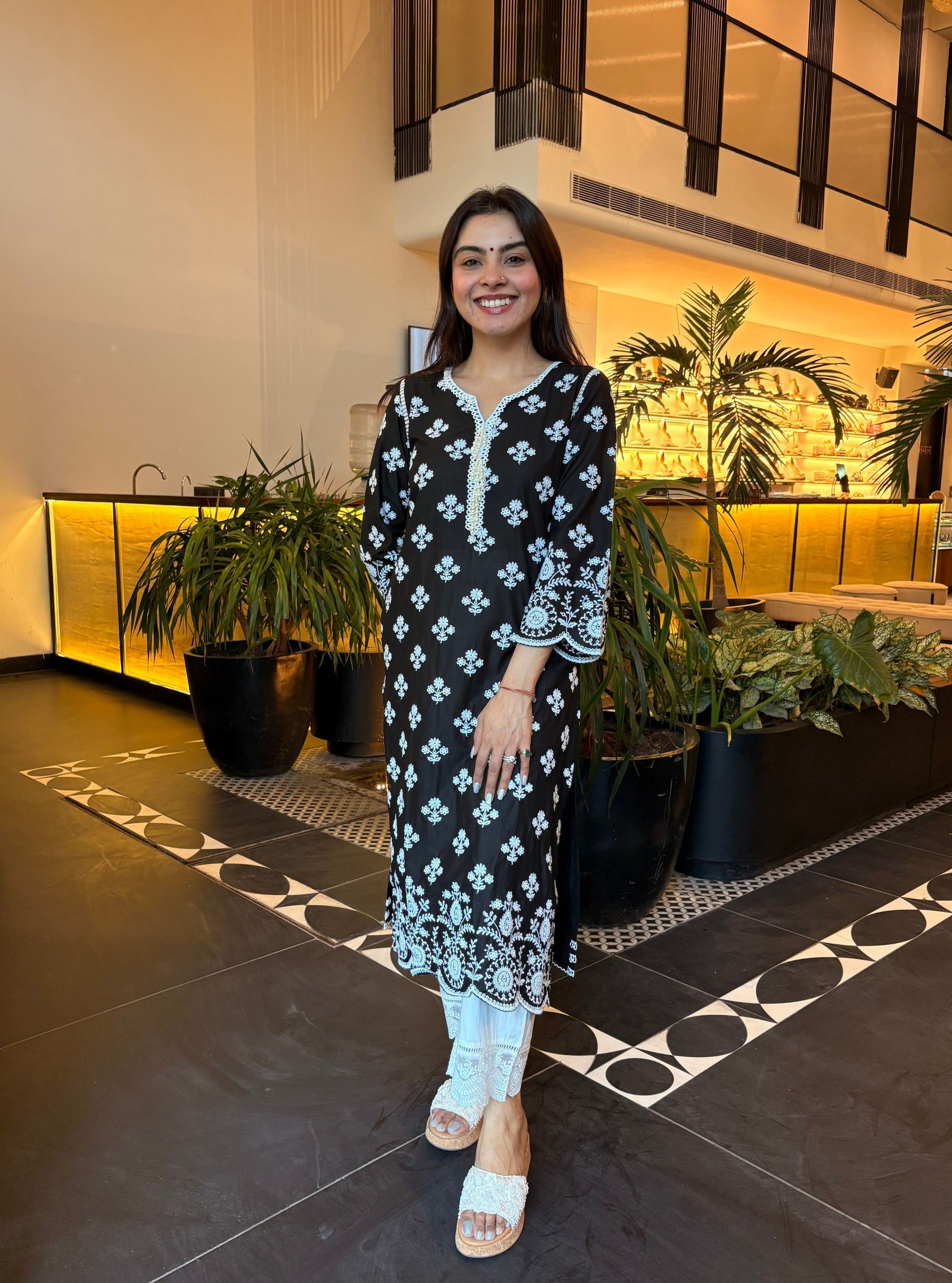 Arpora Cotton Black Kurta With Floral Organza White Pyjama