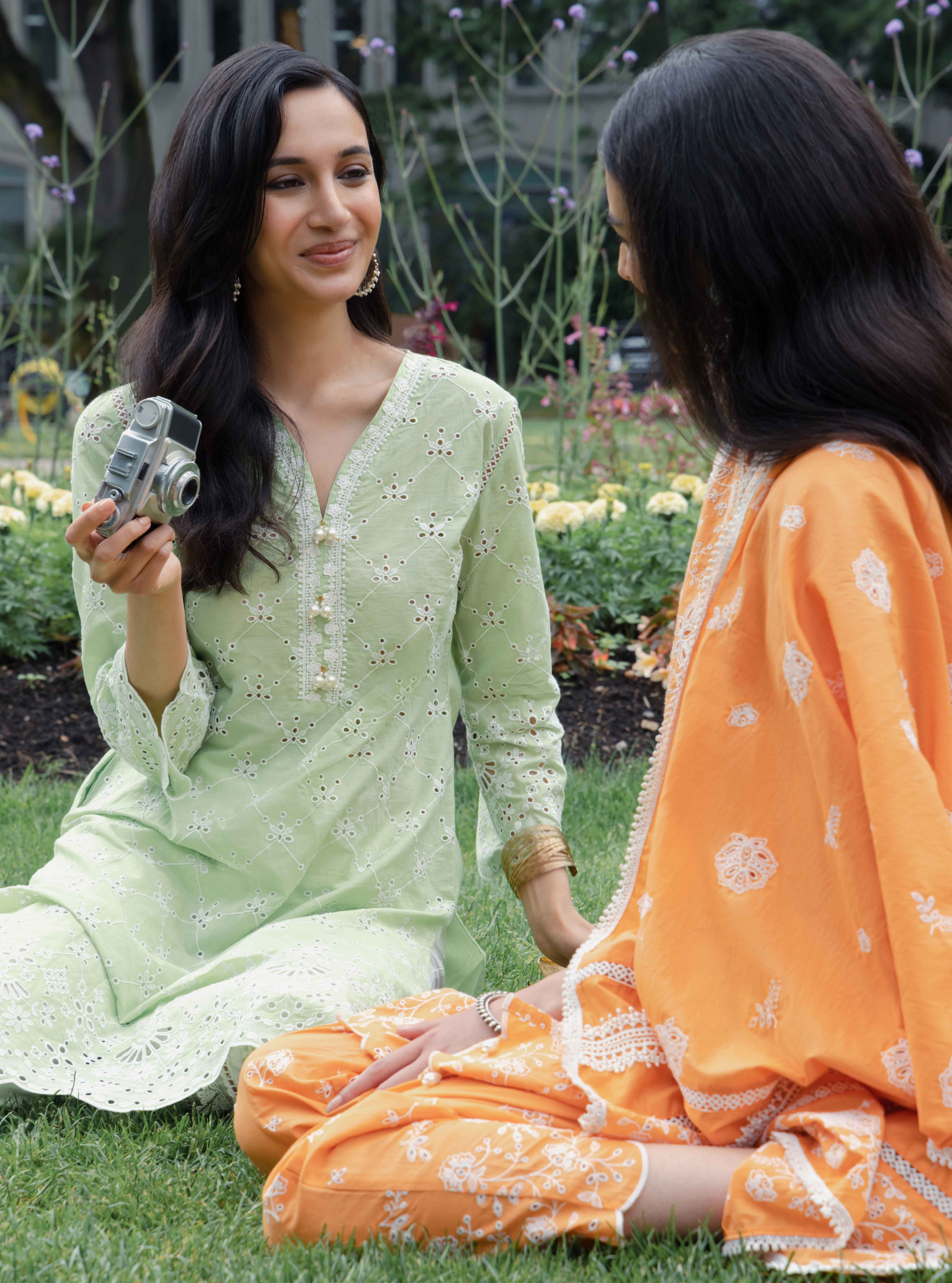 Mulmul Cotton Perth Green Kurta With Multi Lace Slim White Pant