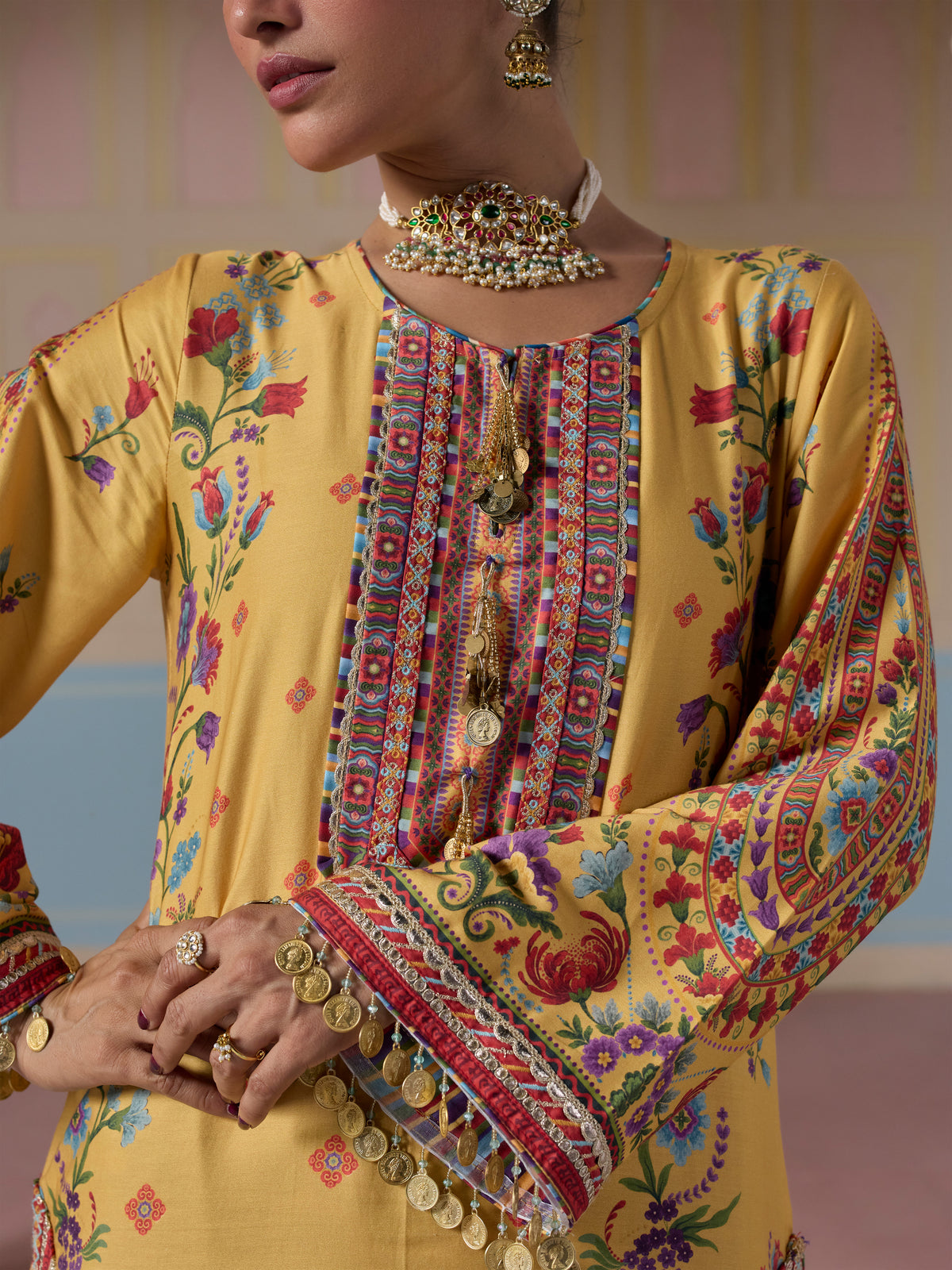 Sangi Pima Satin Printed Mustard Long Kurta Set