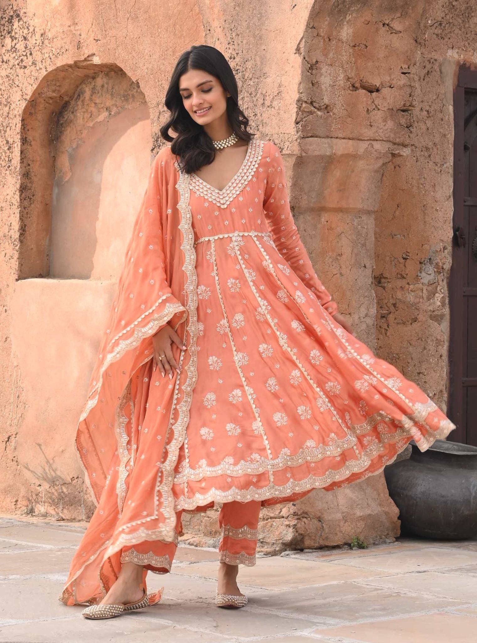 Mulmul Organza Satin Tareefan Burnt Orange Anarkali Kurta with Mulmul Modal Satin Tareefan Burnt Orange Pant