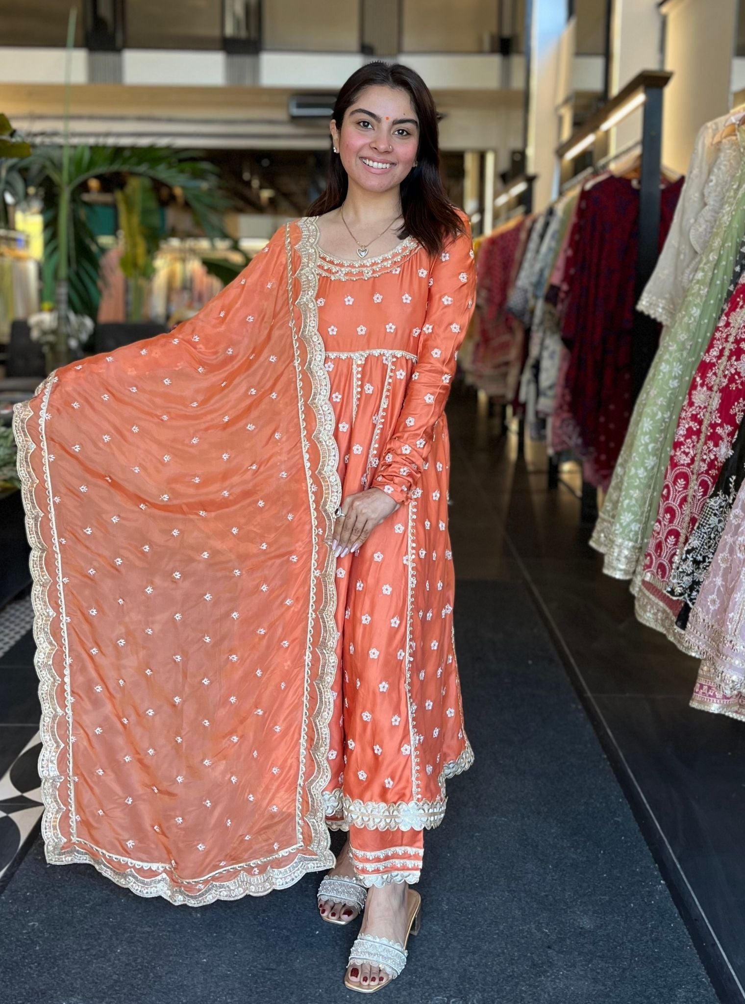 Modal Satin Louna Burnt Orange Anarkali Kurta With Mulmul Satin Louna Burnt Orange Pant