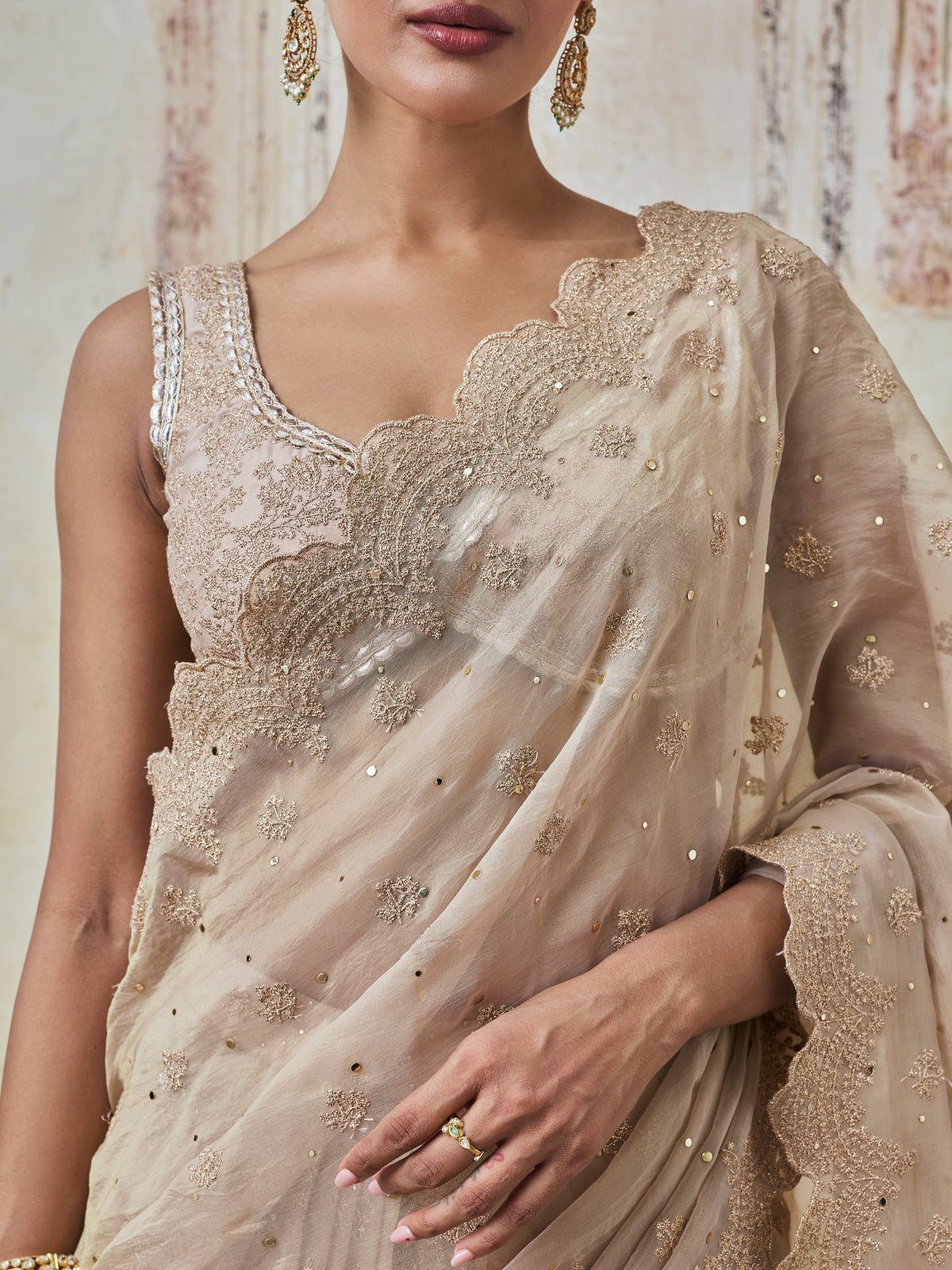 Adiva Lurex Organza Champagne Pre-draped Saree