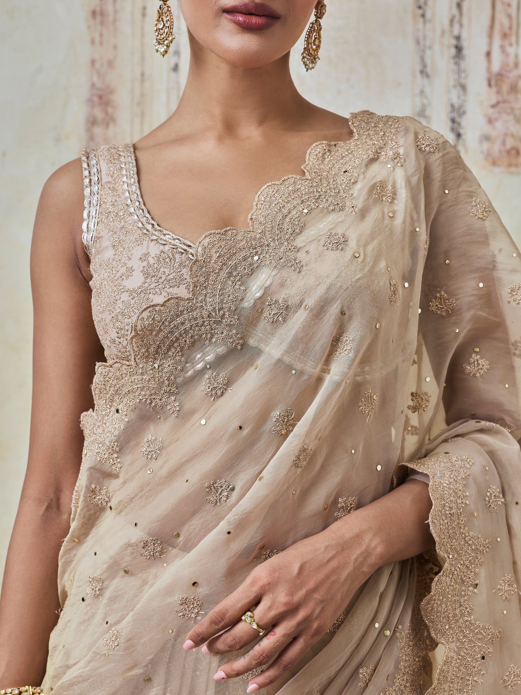 Adiva Lurex Organza Champagne Pre-draped Saree