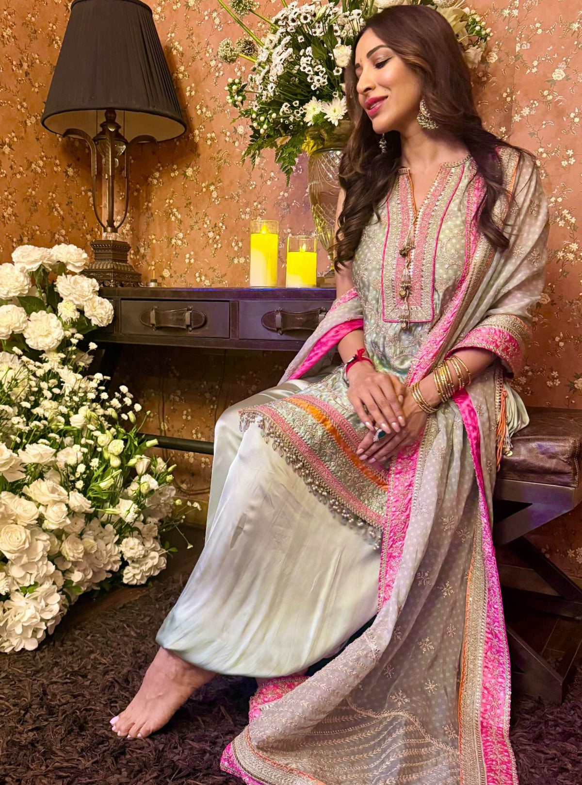 Zeya Cupro Satin Printed Sage Green Kurta Set