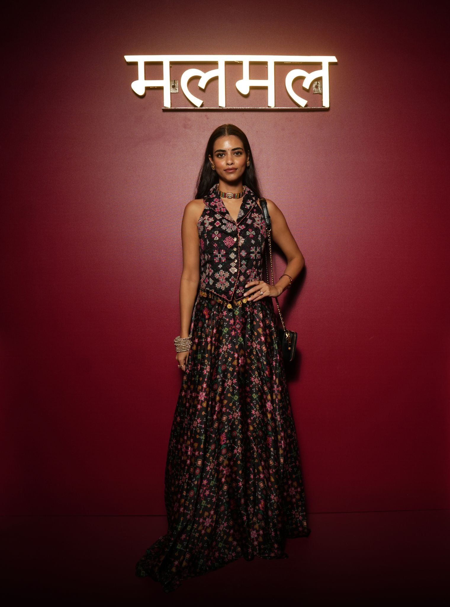Sarangni Bemberg Raw Silk Printed Black Waistcoat & Skirt Set