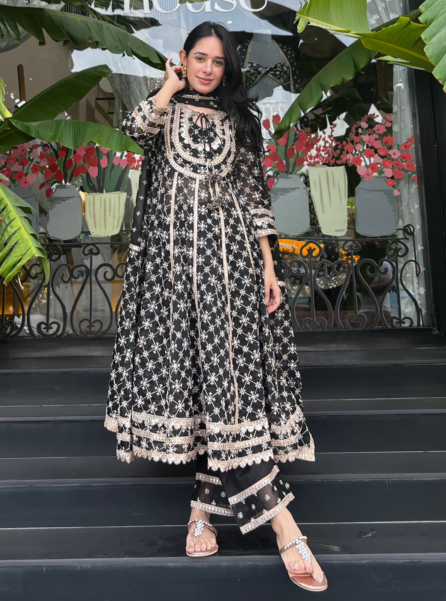 Mulmul Organza Rasiya Anarkali Black Kurta With Mulmul Cupro Rasiya Black Pant