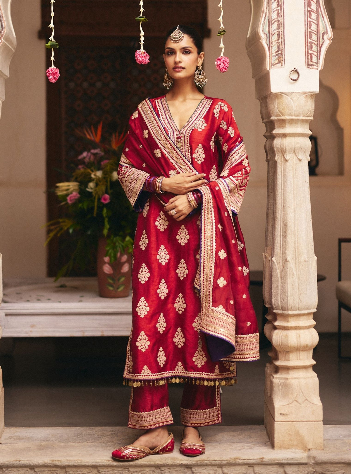 Bairi Bemberg Raw Silk Red Kurta Set
