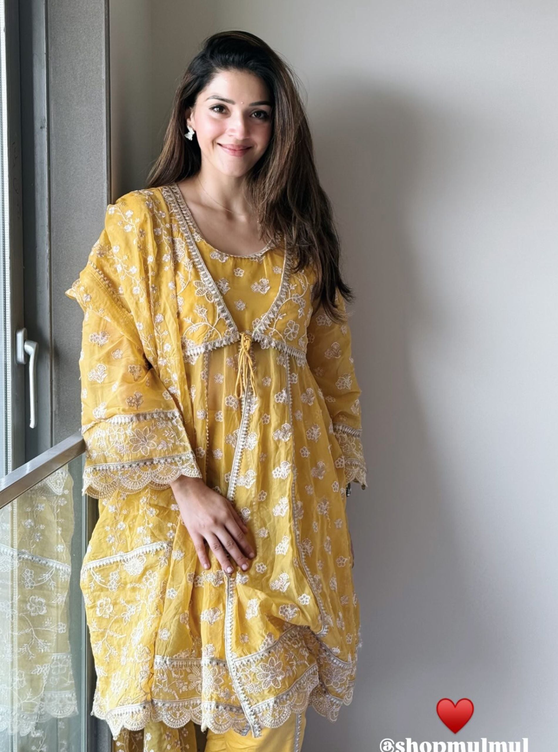 Mulmul Organza Gaatha Yellow Short Anarkali Kurta With Mulmul Pima Satin Gaatha Yellow Dhoti Pant