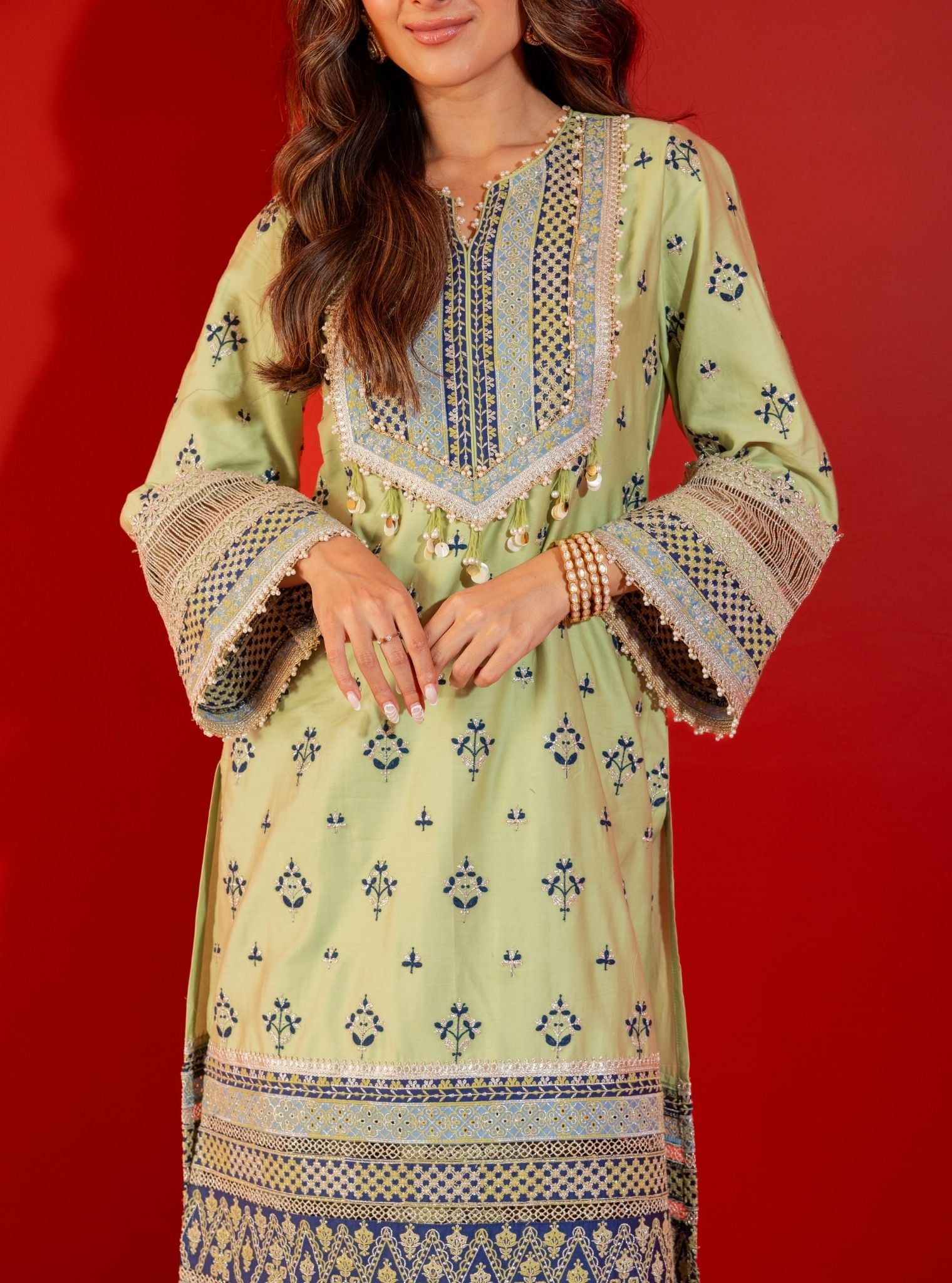 Mulmul Pima Satin Shagun Green Kurta With Mulmul Pima Satin Shagun Green Pant