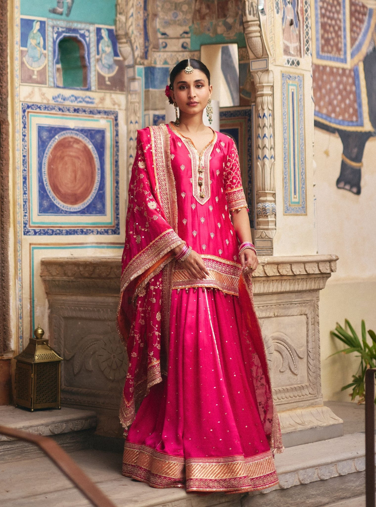 Talai Cupro Satin Fuchsia Short Kurta with Lehenga