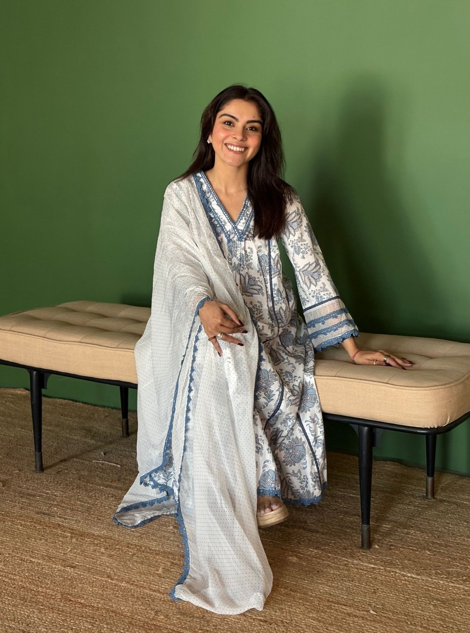 Bellamy Supima Cotton Printed Green Kurta Set