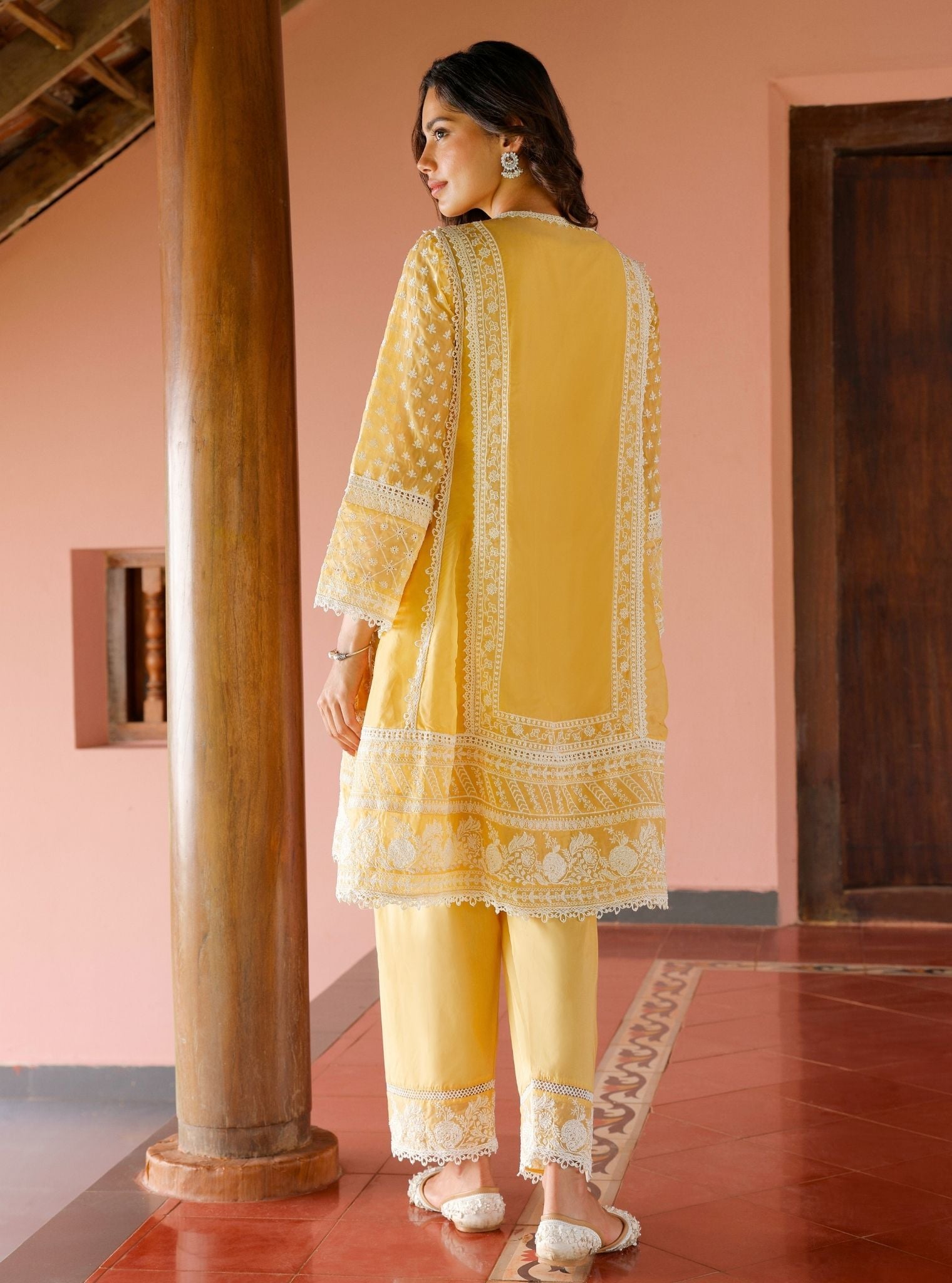 Mulmul Organza Sritha Yellow Kurta With Mulmul Cotton Sritha Yellow Pant