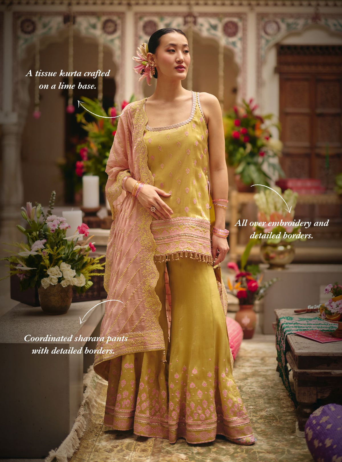 Jugal Bemberg Tissue Lime Kurta with Sharara