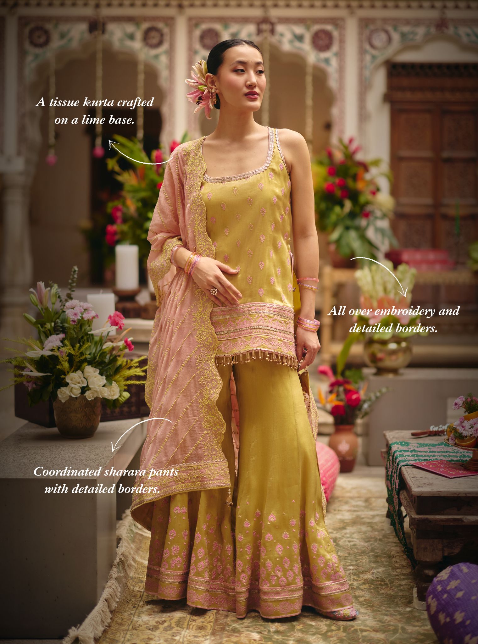 Jugal Bemberg Tissue Lime Kurta with Sharara