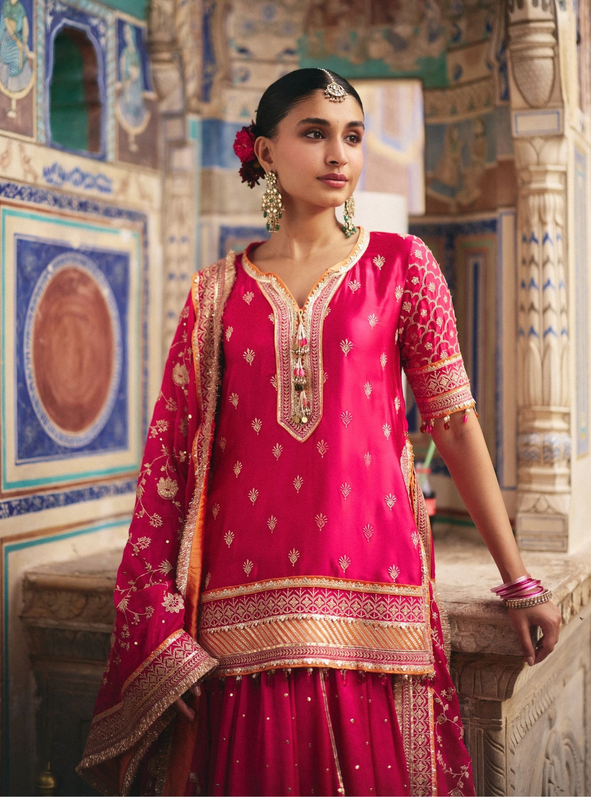 Talai Cupro Satin Fuchsia Short Kurta with Lehenga