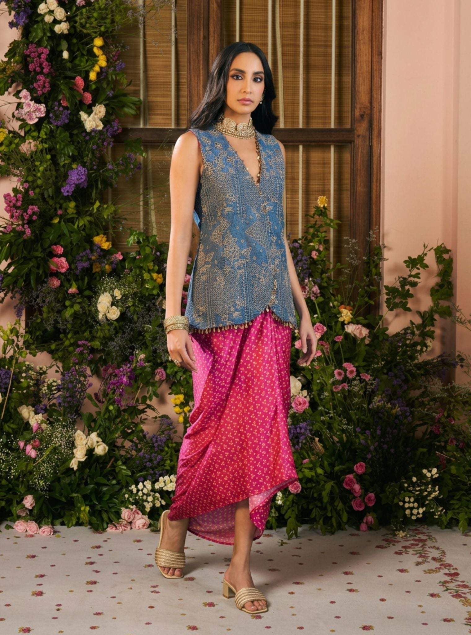 Lunira Denim Waistcoat With Cupro Satin Printed Fuschia Draped Skirt