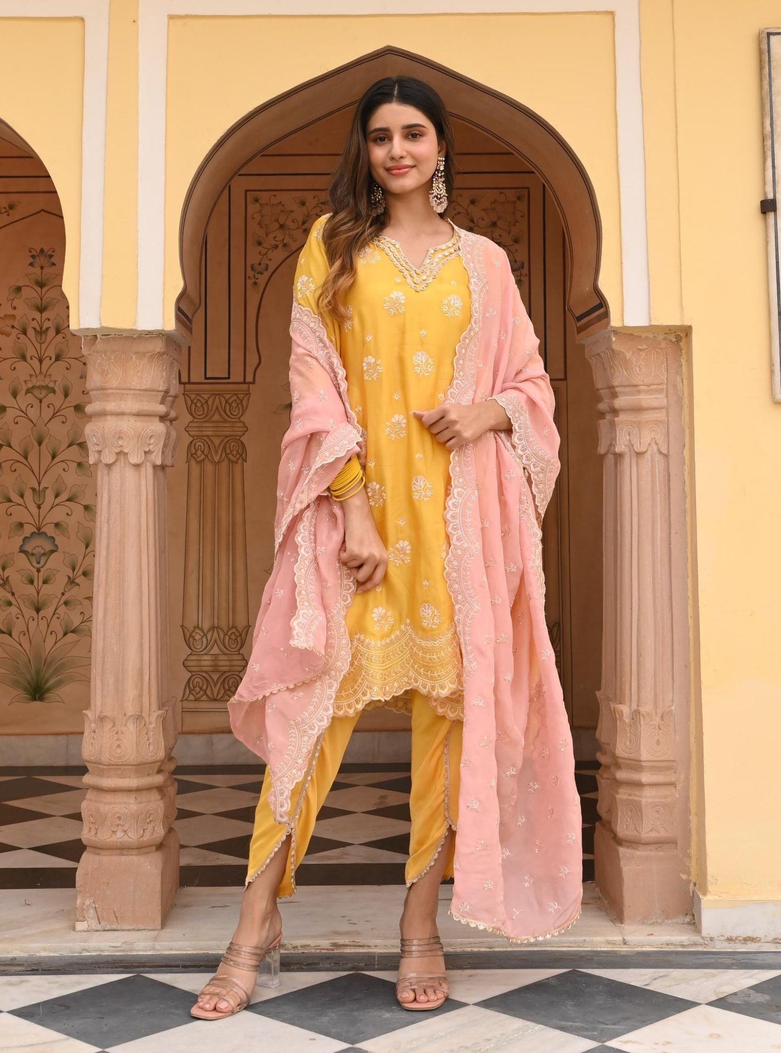 Mulmul Luxe Satin Mehar Yellow Kurta with Mulmul Luxe Satin Mehar Yellow Pant